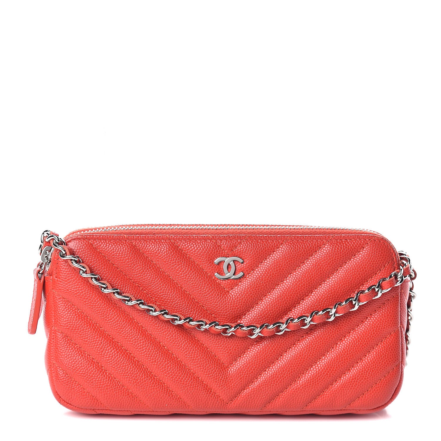 Chanel Caviar Chevron Quilted Small Clutch With Chain Red 1 of 10