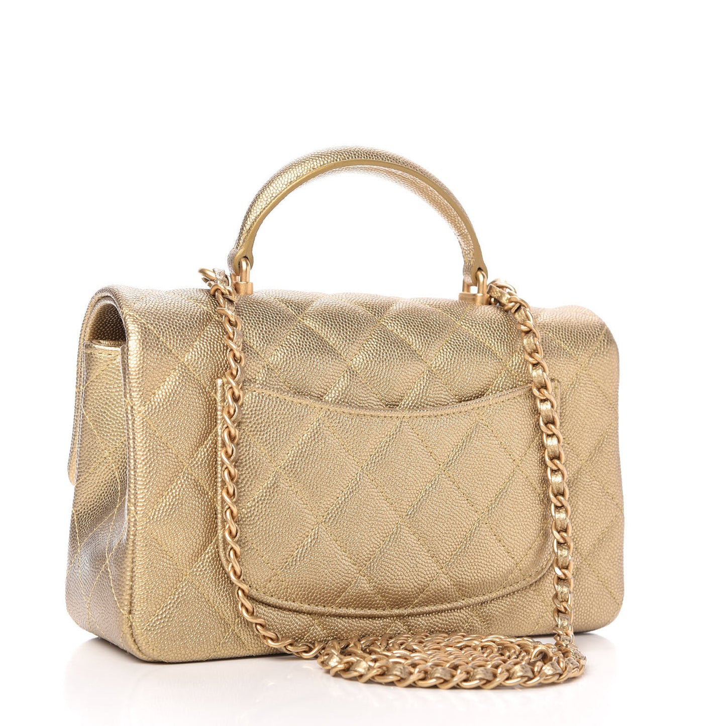Metallic Caviar Quilted Mini Top Handle Rectangular Flap Gold