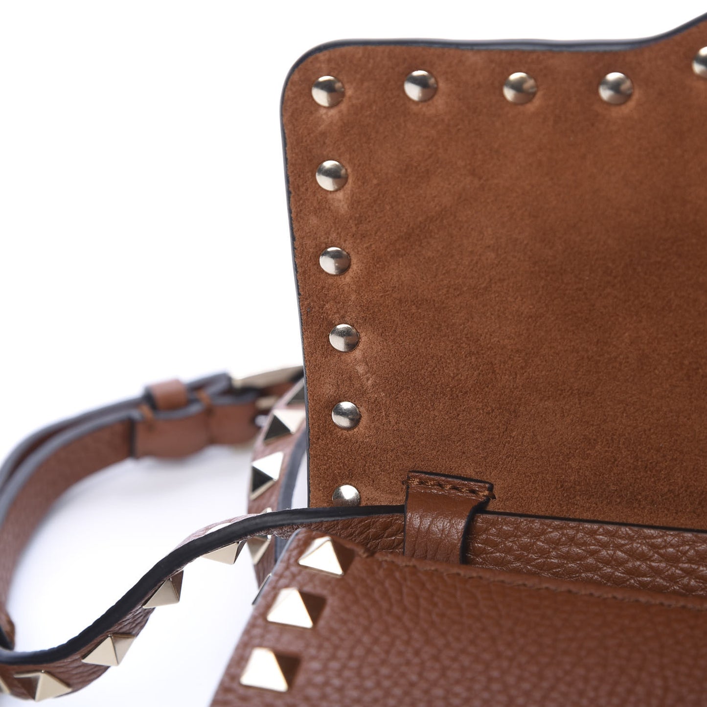 Pebbled Calfskin Medium Rockstud Flip Lock Crossbody Bag Saddle Brown
