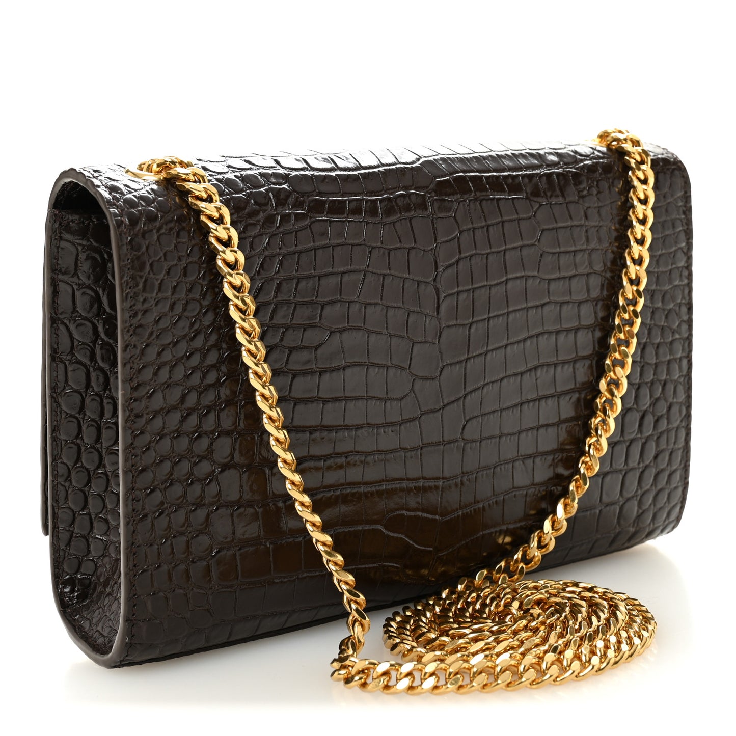 Calfskin Crocodile Embossed Small Classic Monogram Kate Tassel Satchel Dark Brown