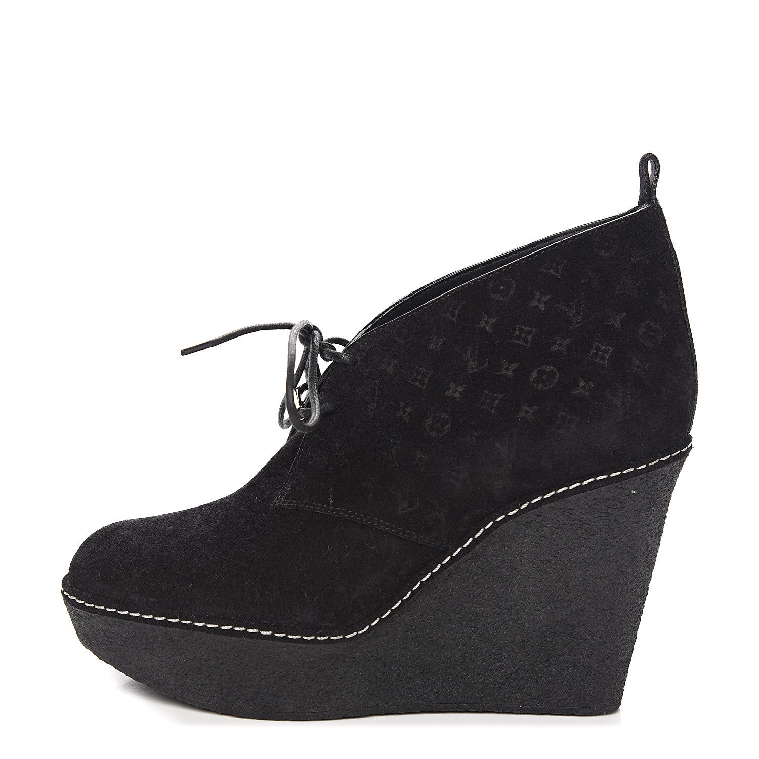 Louis Vuitton Suede Embossed Monogram Frosty Wedge Low Boots 38 Black 1 of 9