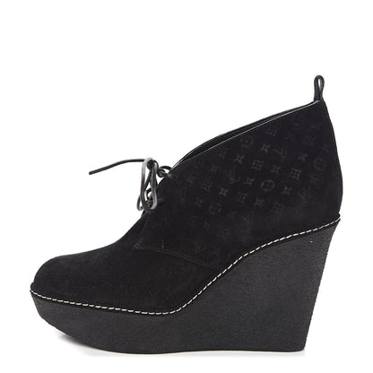 Louis Vuitton Suede Embossed Monogram Frosty Wedge Low Boots 38 Black 1 of 9