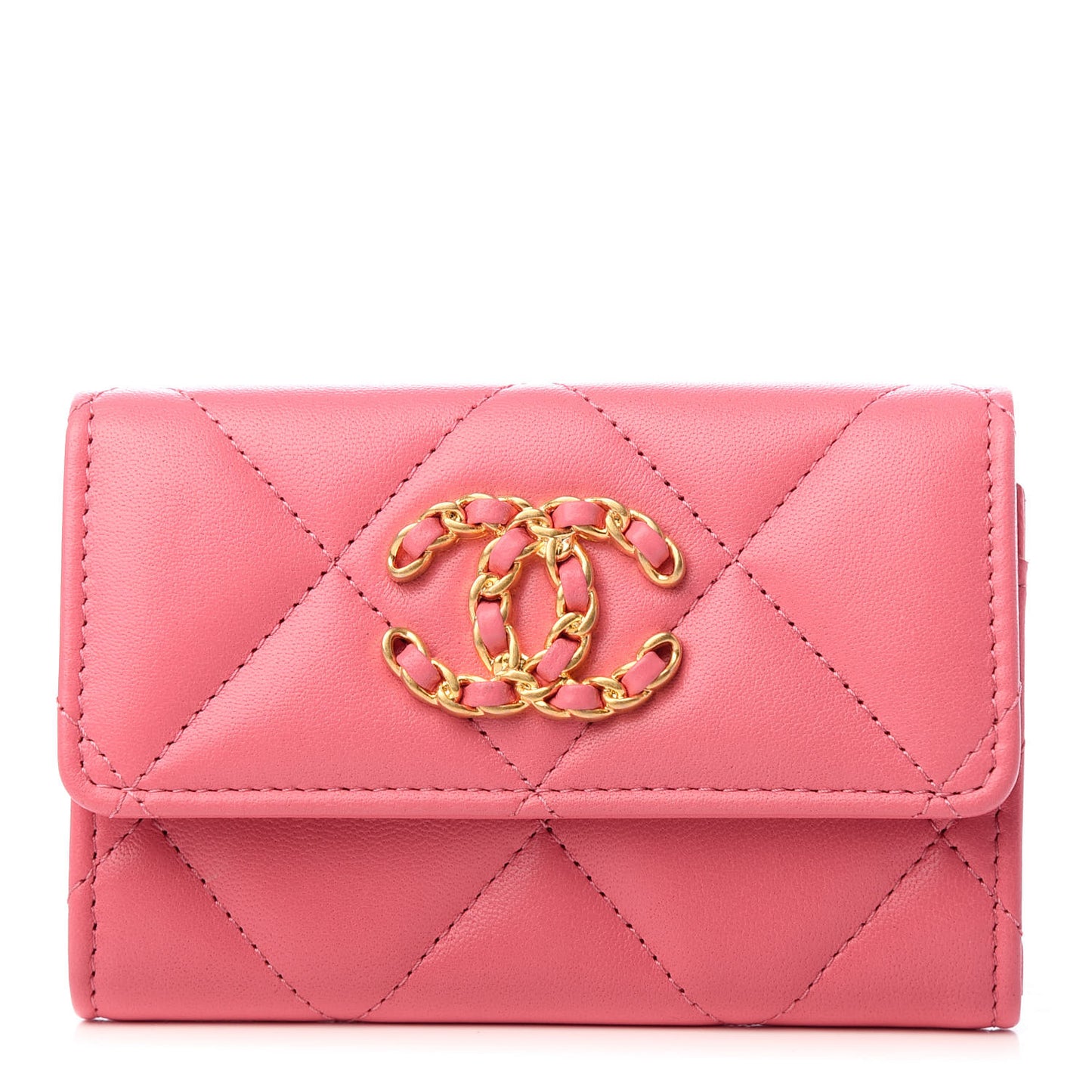 Lambskin Quilted Chanel 19 Flap Card Holder Pink