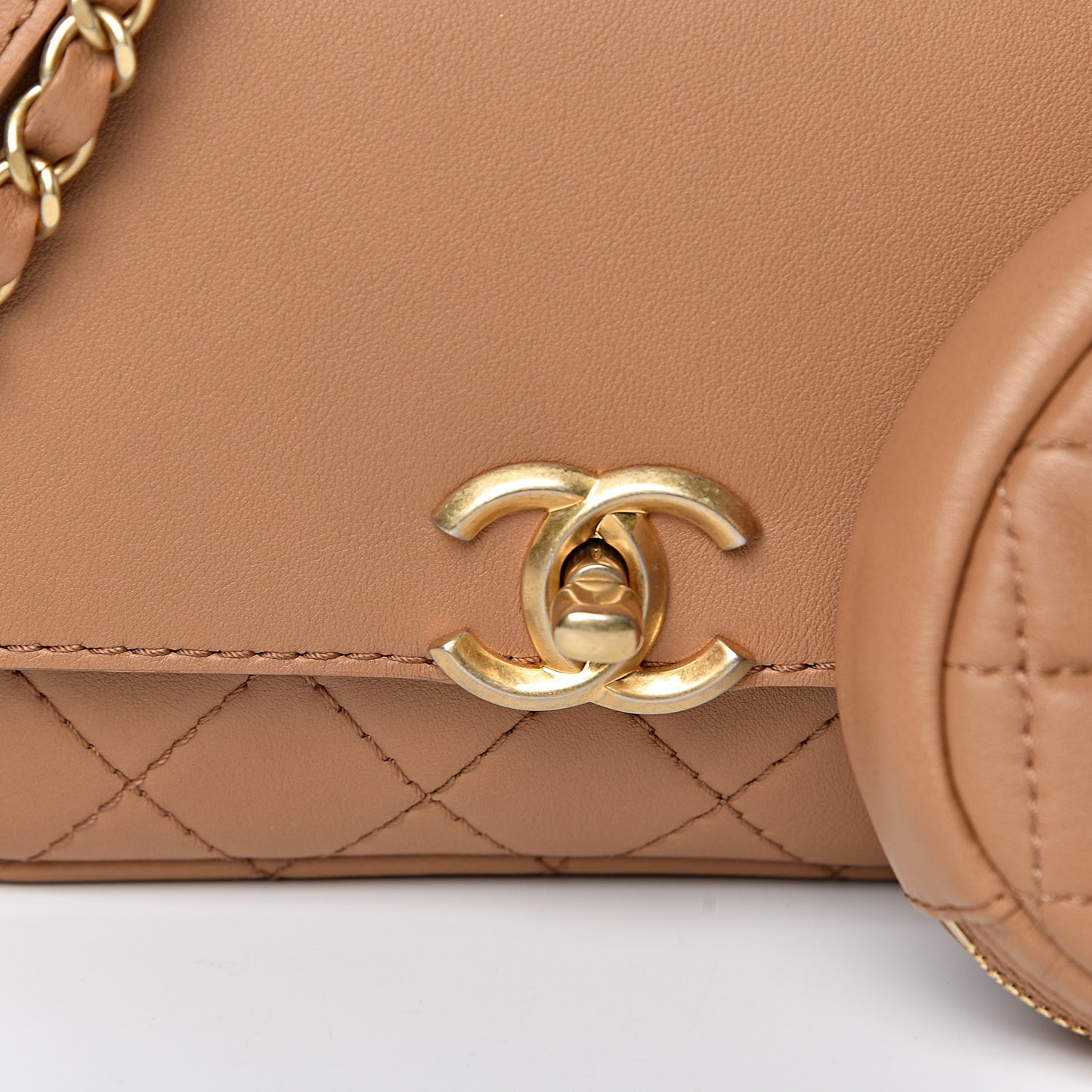 Calfskin Quilted Flap And Coin Purse Light Brown