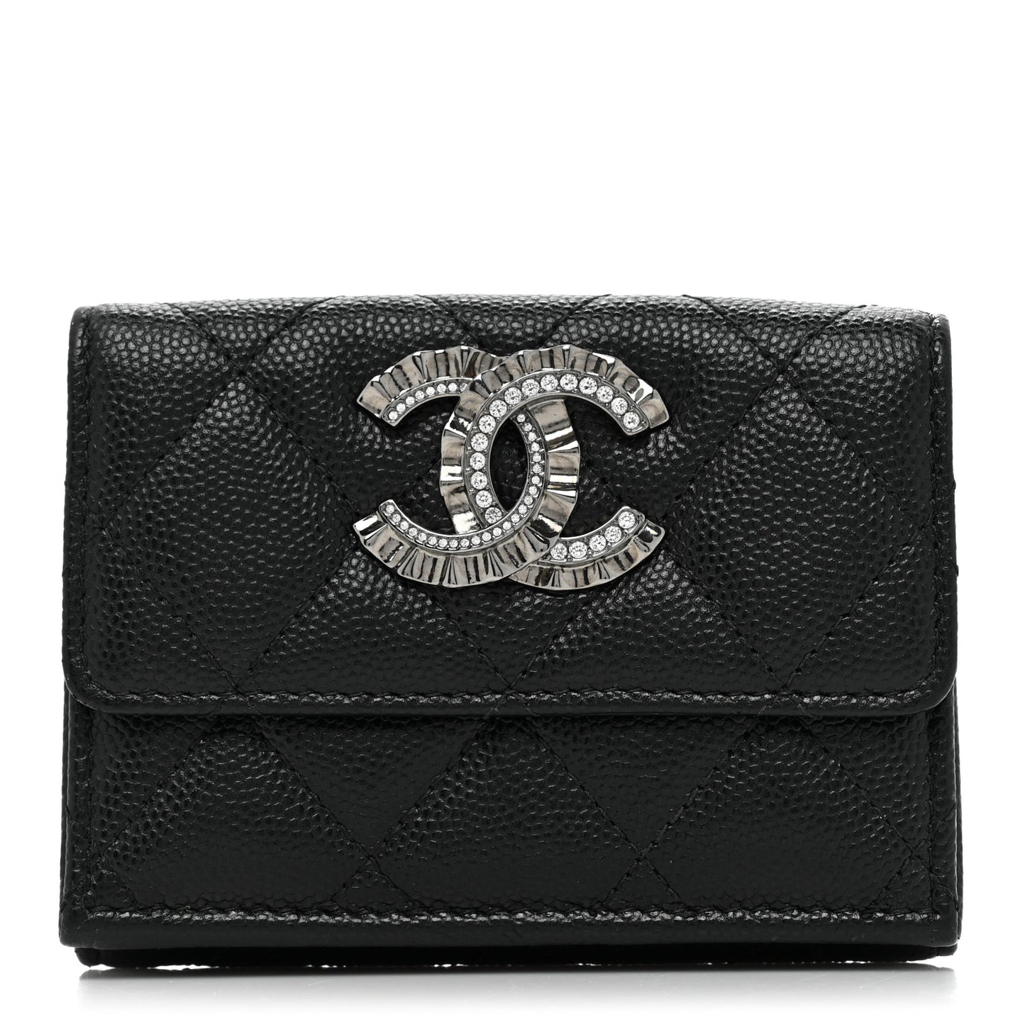 Caviar Quilted Crystal CC Small Flap Wallet Black