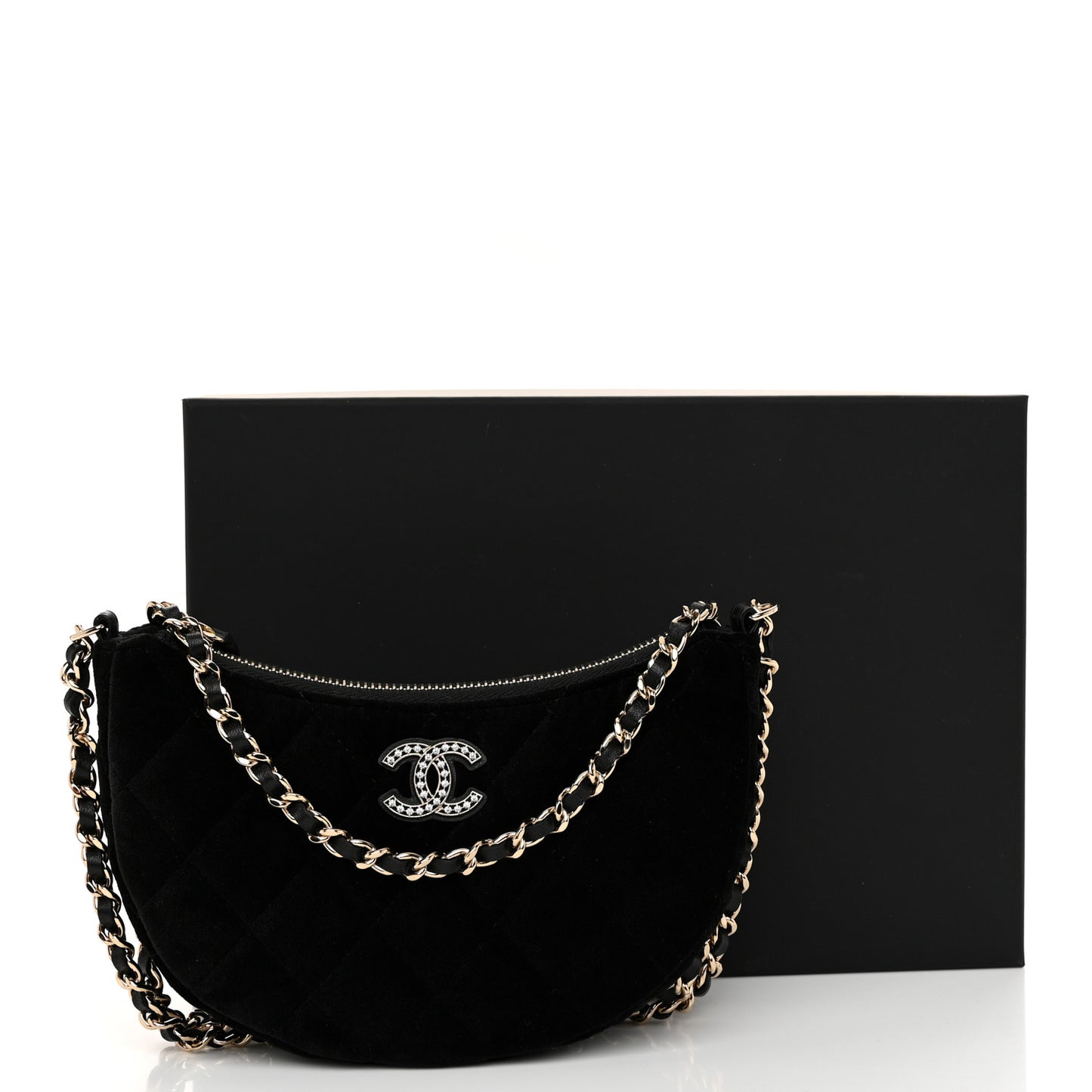 Velvet Crystal Quilted Chain Hobo Black