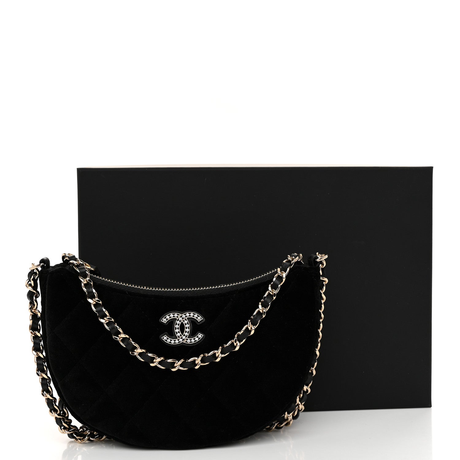 Chanel Velvet Crystal Quilted Chain Hobo Black 11 of 11