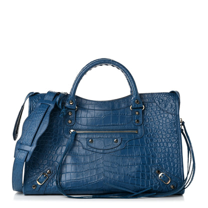 Balenciaga Calfskin Crocodile Embossed Classic Silver Hardware City Bleu Marine 1 of 12