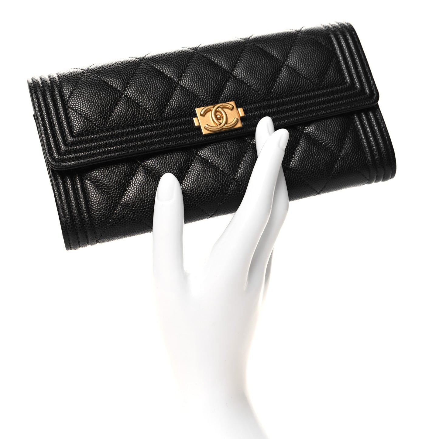 Caviar Quilted Large Boy Gusset Flap Wallet Black