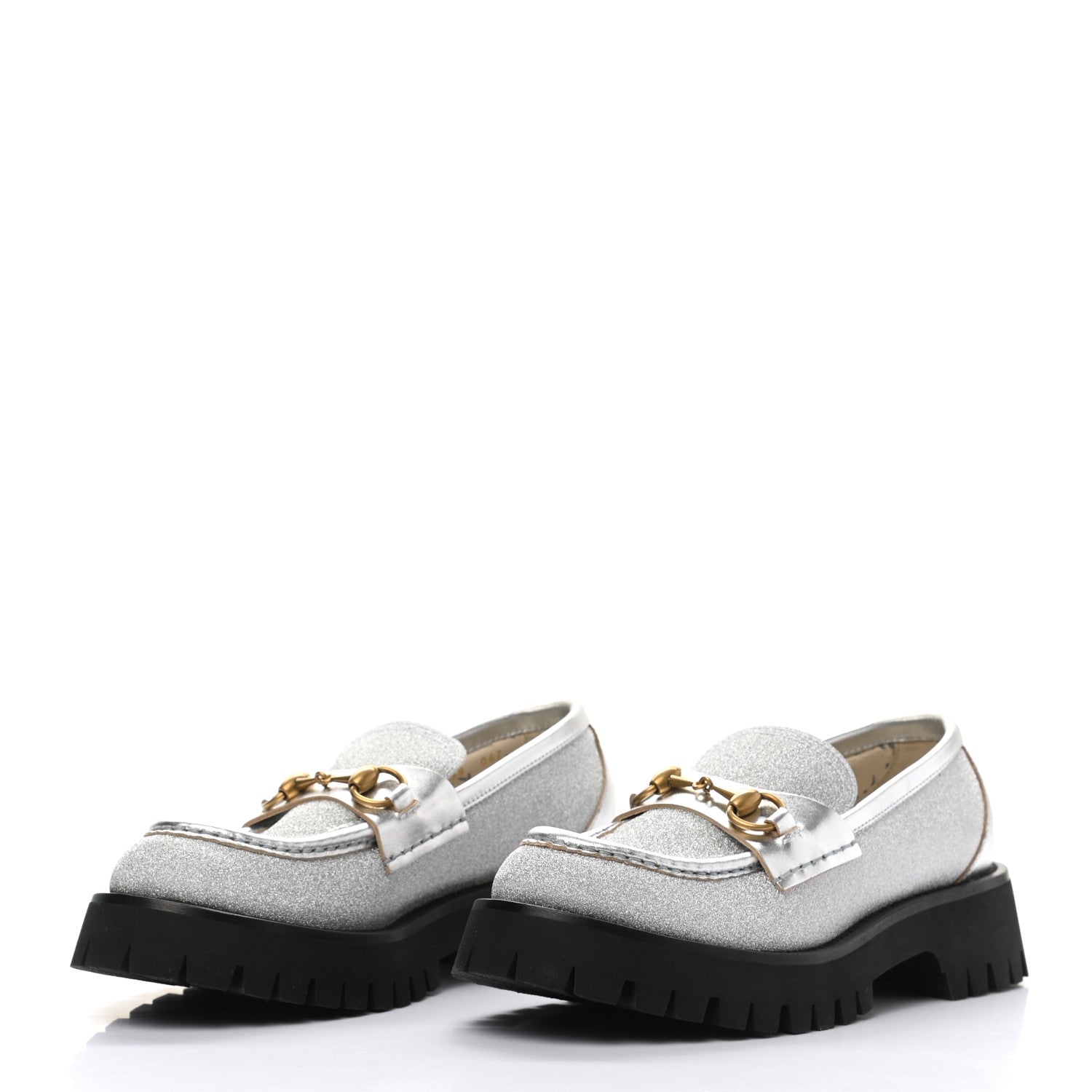 Gucci Mini Diamond Storm Silk Calfskin Womens Harald Horsebit 25mm Platform Loafers 38 Silver 3 of 12