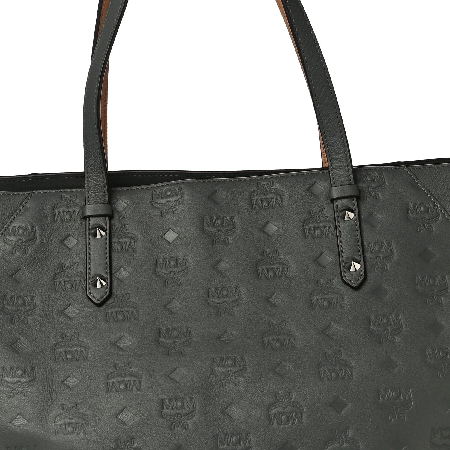MCM Calfskin Ottomar Monogram Medium Klara Top Zip Tote Charcoal 8 of 11