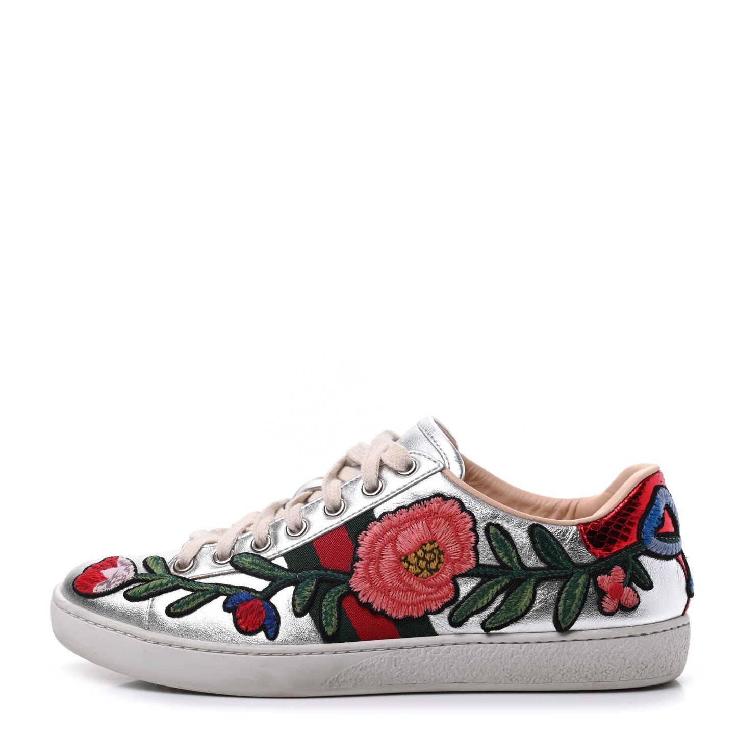 Metallic Calfskin Floral Embroidered Ace Sneakers 37 Silver