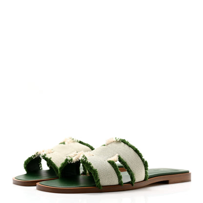 Hermes Calfskin Canvas Oran Fringe Sandals 37 Vert 3 of 11