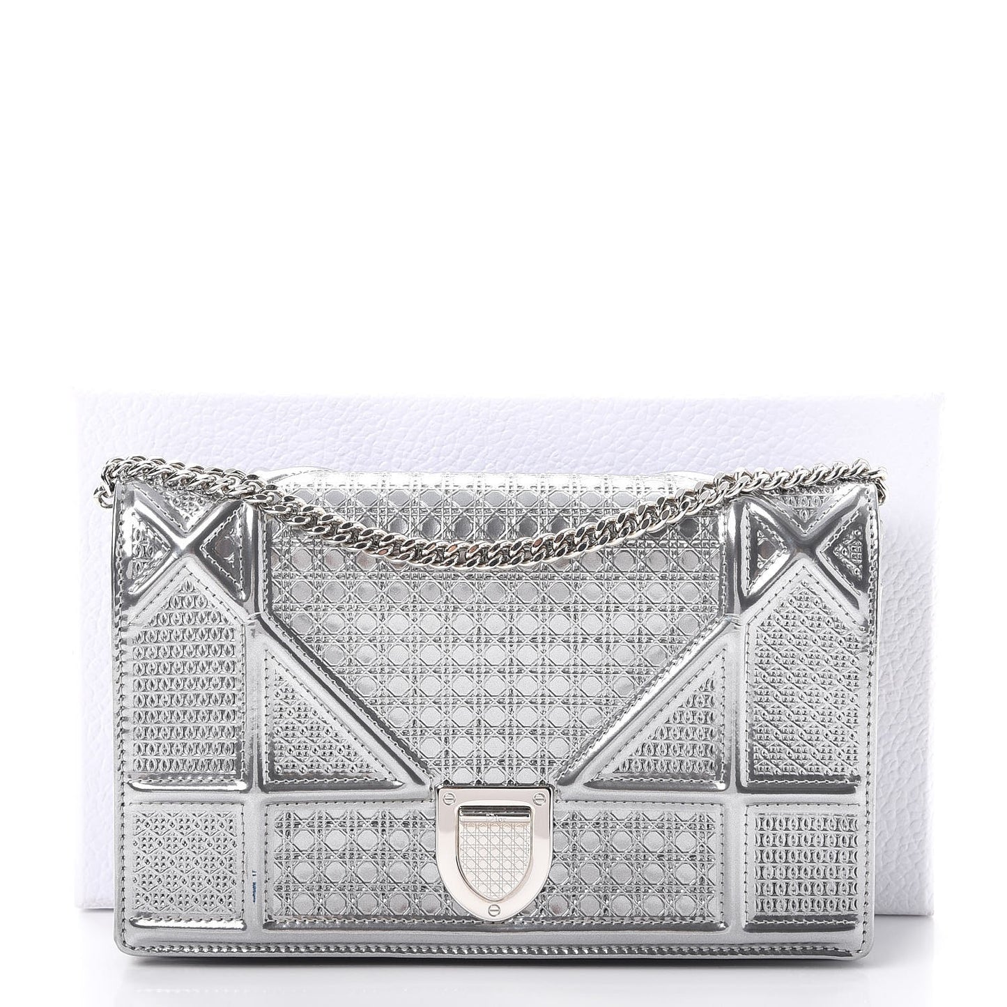 Metallic Patent Micro-Cannage Diorama Wallet on Chain Pouch Silver