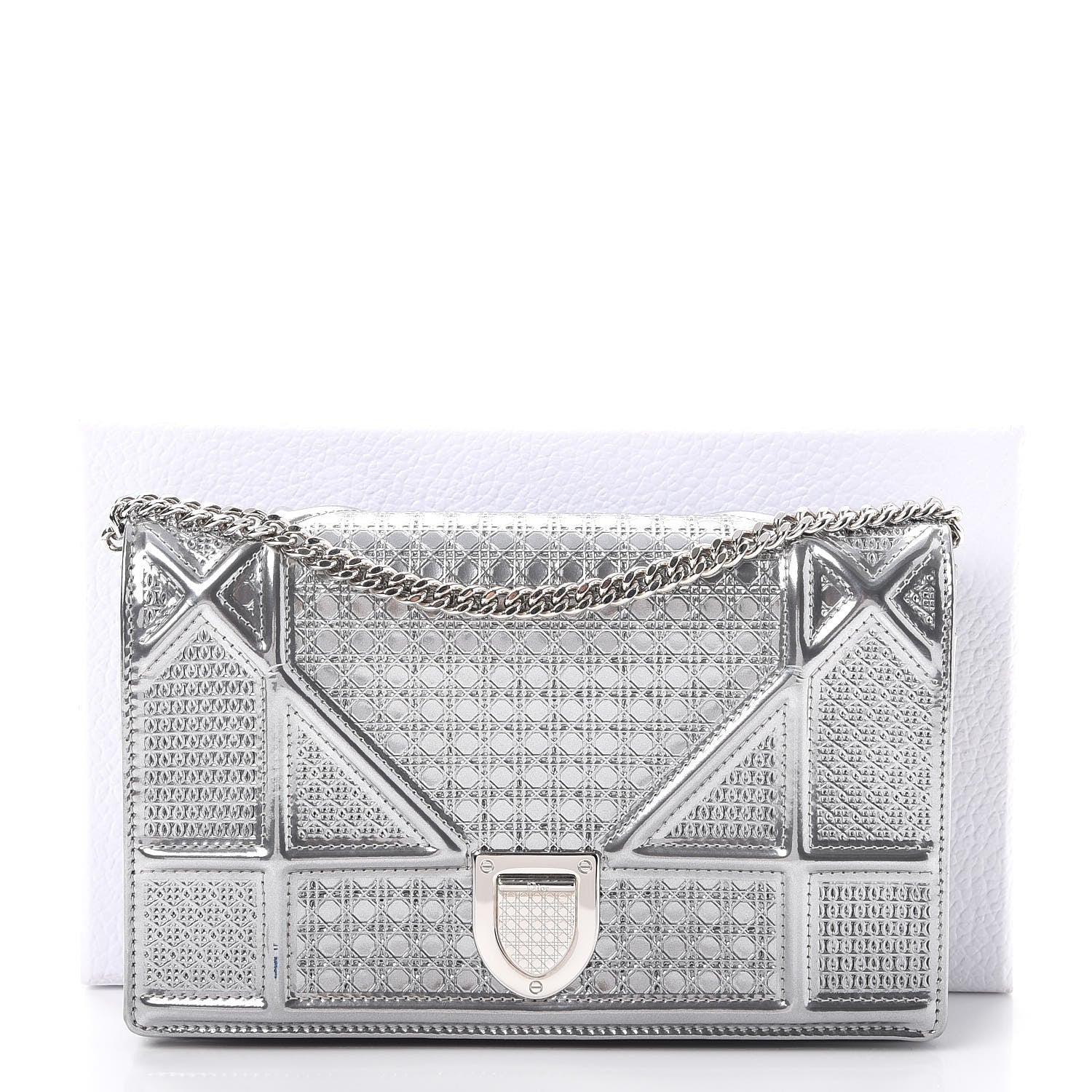 Christian Dior Metallic Patent Micro-Cannage Diorama Wallet on Chain Pouch Silver 10 of 10