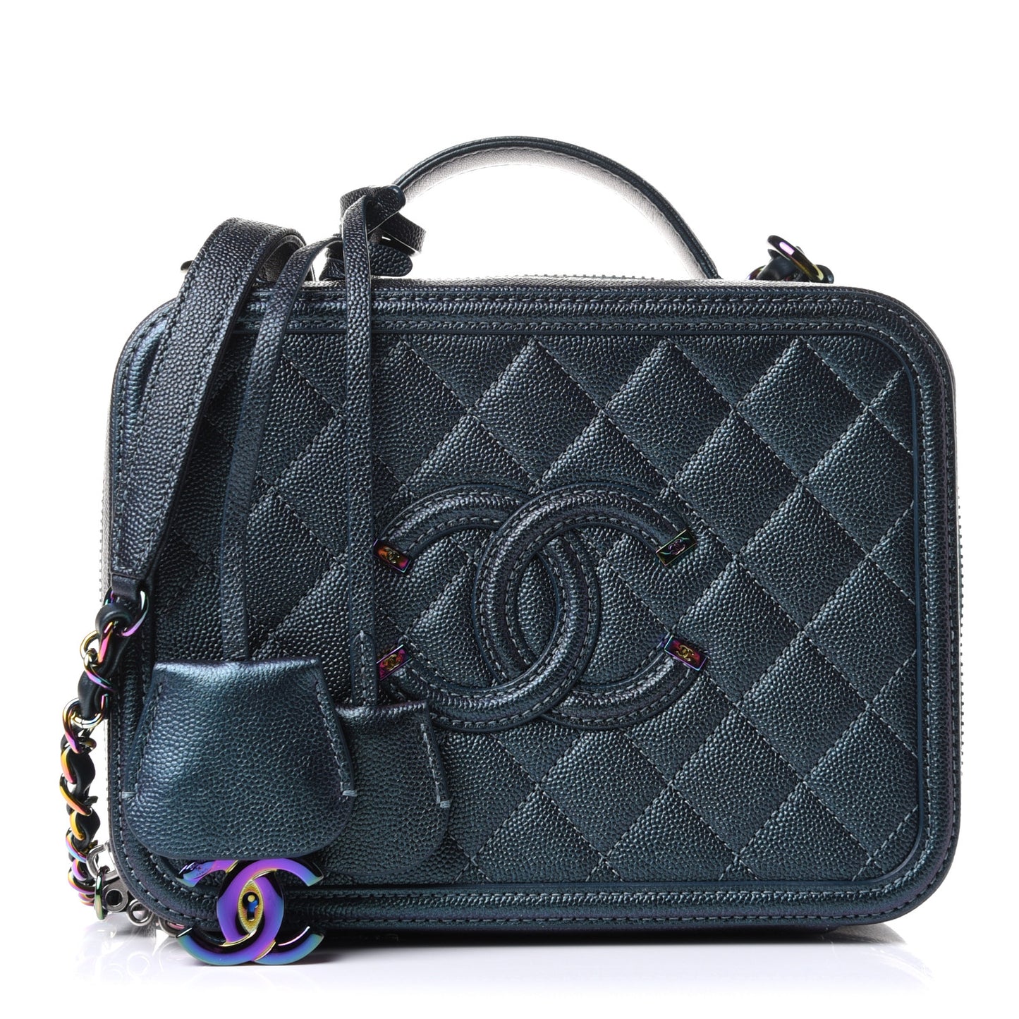 Iridescent Caviar Quilted Medium CC Filigree Vanity Case Dark Turquoise