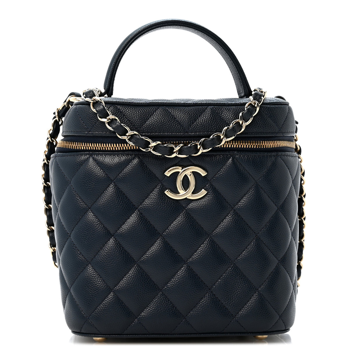 Caviar Quilted Small Top Handle Vanity Case With Chain Navy Blue