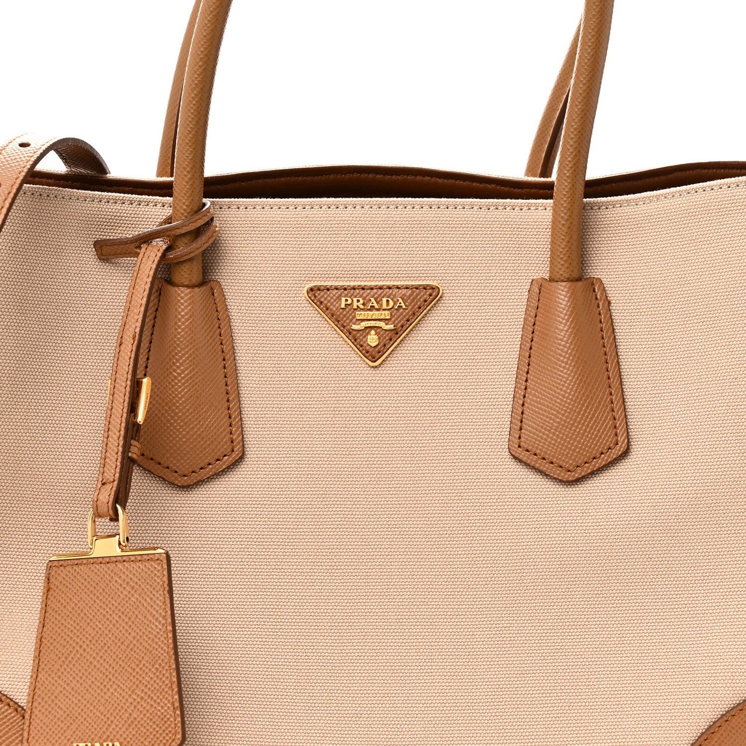 Prada Canvas Saffiano Cuir Calfskin Top Handle Tote Beige 7 of 9