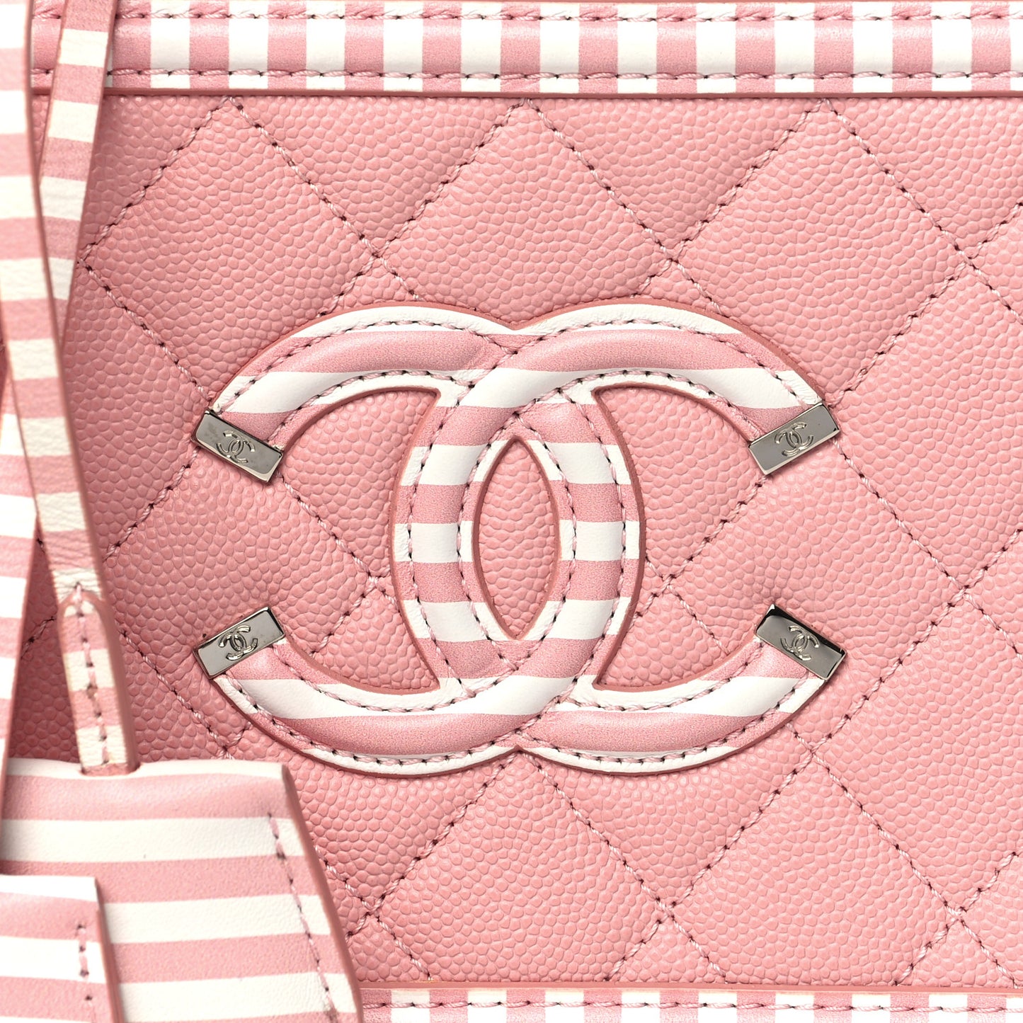 Caviar Quilted Striped Small CC Filigree Vanity Case Pink White