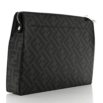 Fendi Shiny Glazed Fabric Vitello Cover FF 1974 Logo Clutch Black 3 of 7
