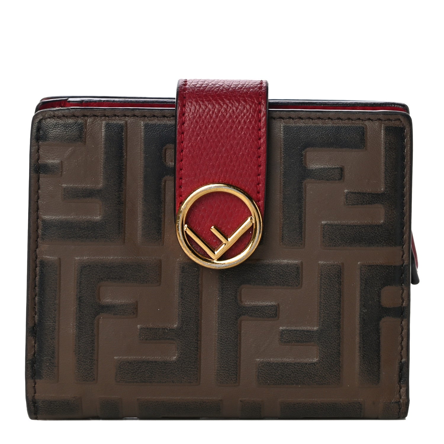 Fendi Vitello Cruise F is Fendi Bi-Color FF 1974 Embossed Compact Wallet Maya Black Fragola 1 of 10