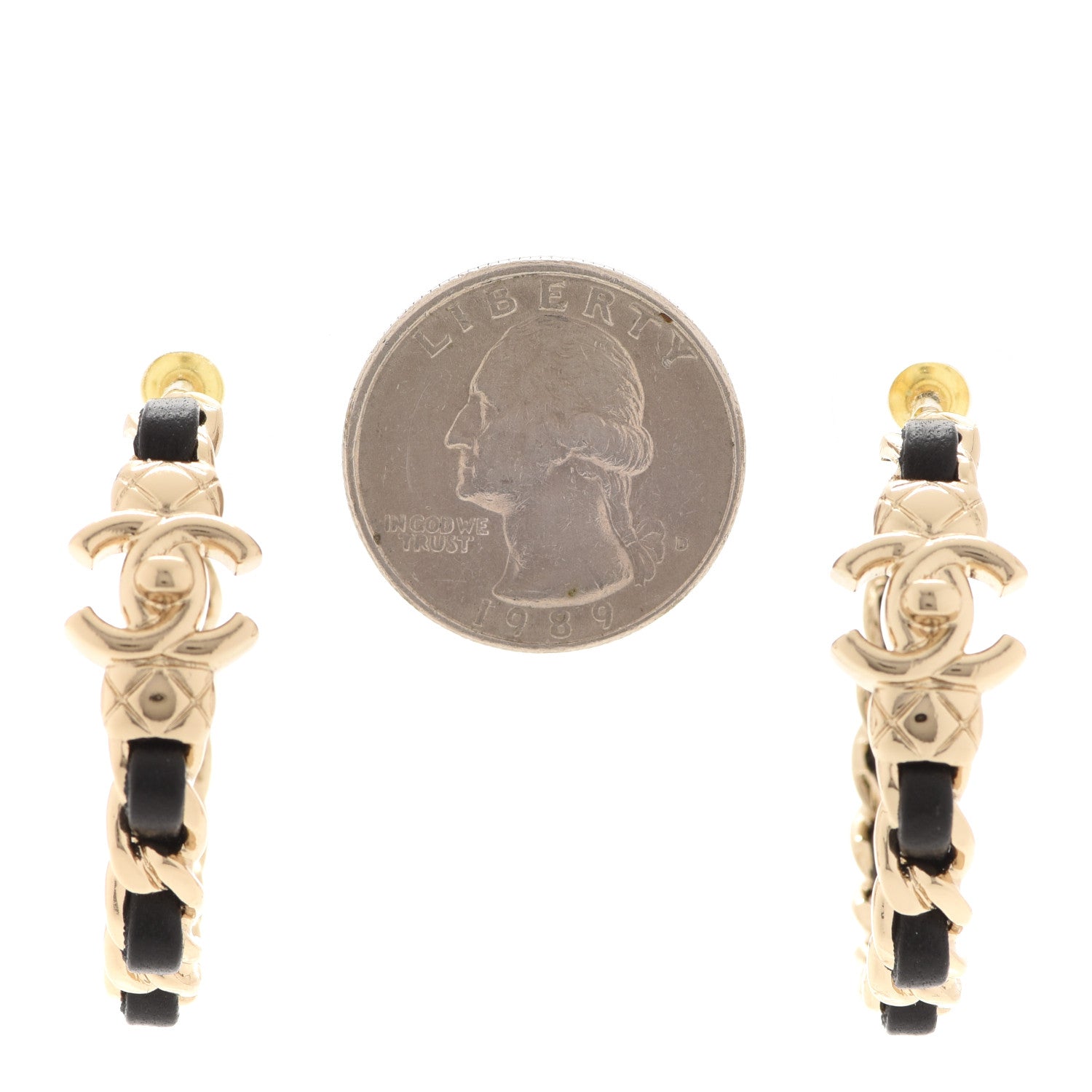 Chanel Metal Lambskin Quilted CC Turnlock Chain Hoop Earrings Gold Black 2 of 5