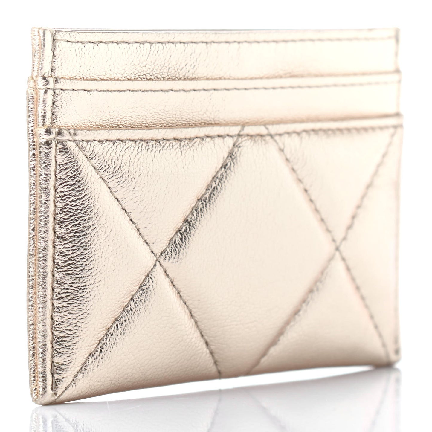 Metallic Lambskin Quilted Chanel 19 Card Holder Gold