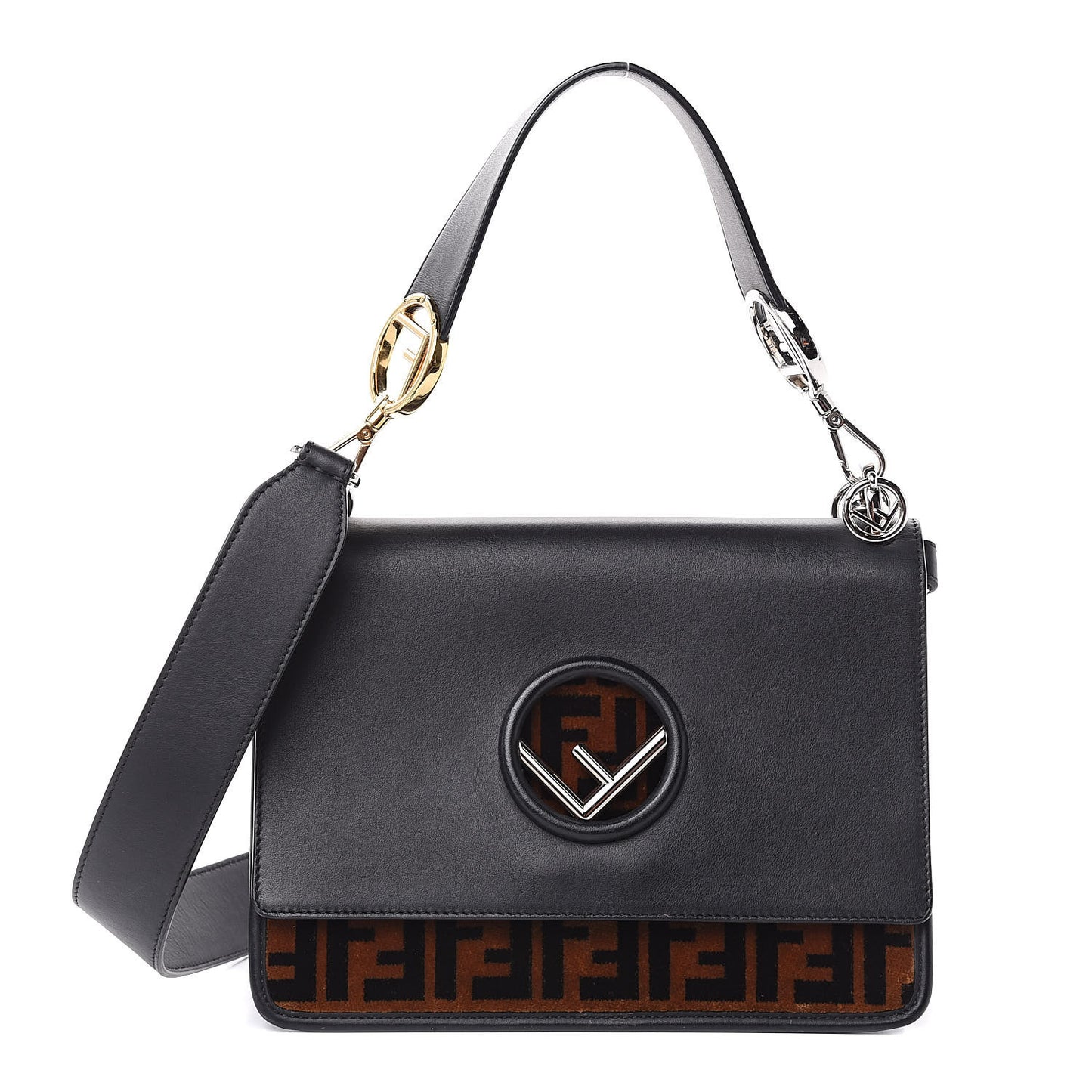 Vitello Century Velvet F is Fendi FF Kan I Shoulder Bag Black Tobacco
