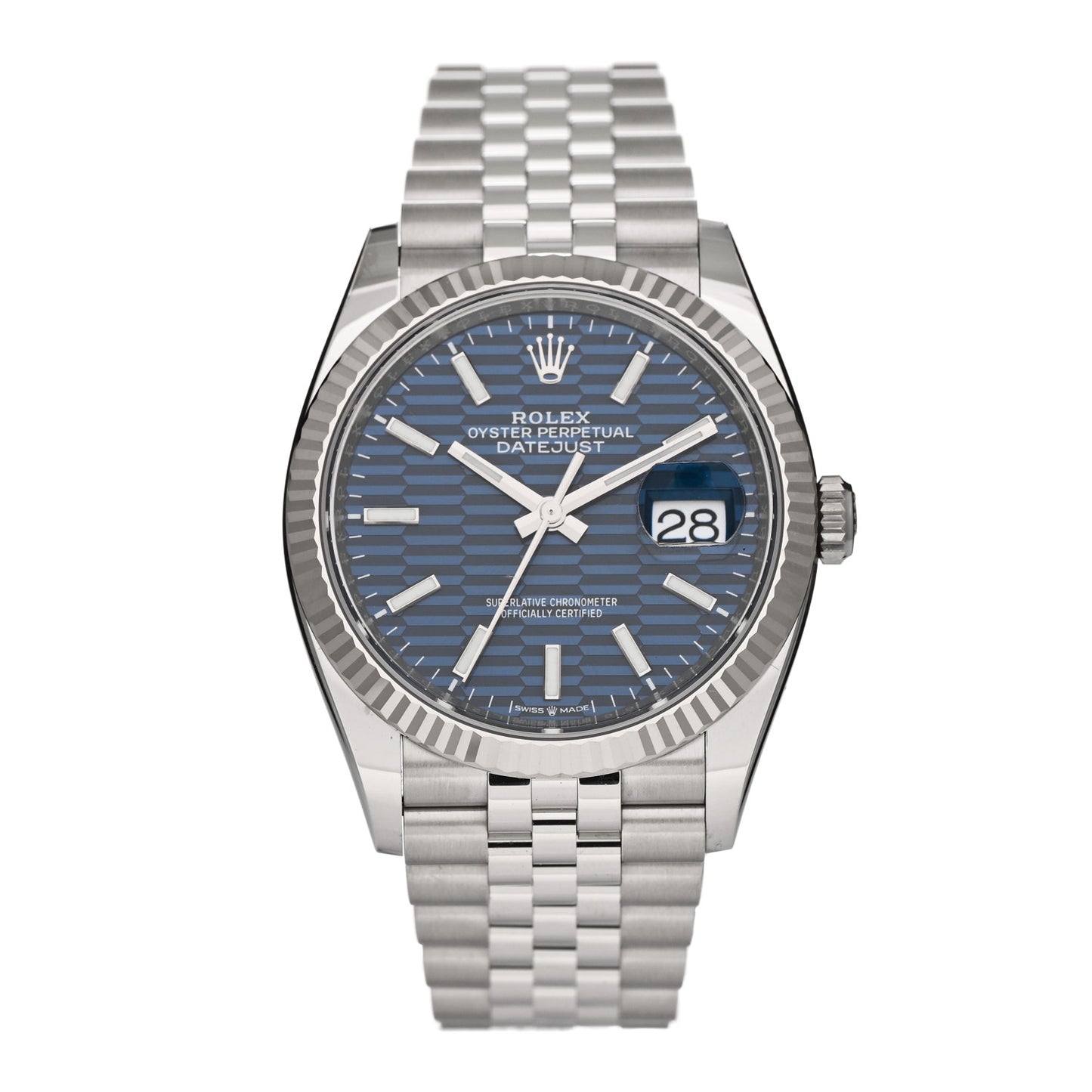 Stainless Steel 18K White Gold 36mm Oyster Perpetual Datejust Watch Blue Fluted 126234