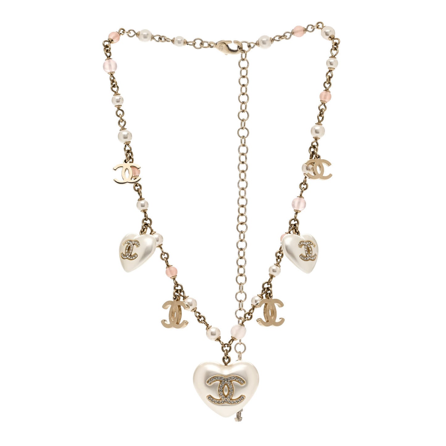 Pearl Crystal CC Heart Necklace Pearly White Gold