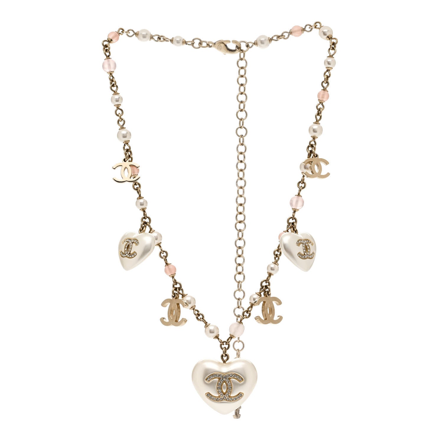 Chanel Pearl Crystal CC Heart Necklace Pearly White Gold 3 of 6
