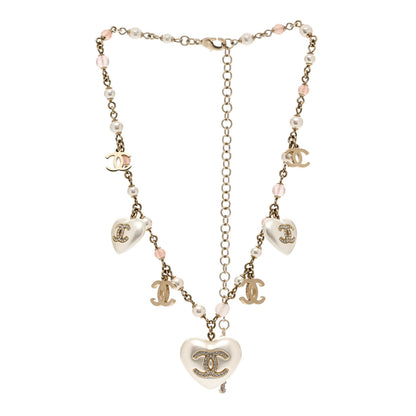 Chanel Pearl Crystal CC Heart Necklace Pearly White Gold 3 of 6