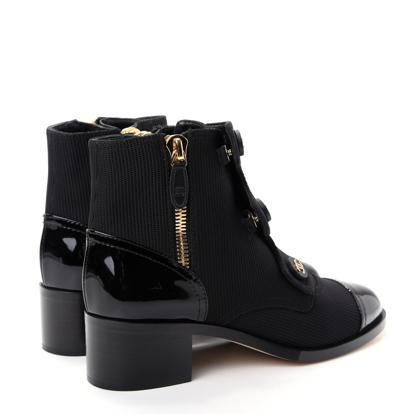 Knit Patent Calfskin Cap Toe Short Boots 37.5 Black