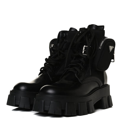 Prada Spazzolato Rois Nylon Metal Triangle Logo Monolith Pouch Pocket 55mm Boots 37.5 Black 3 of 15