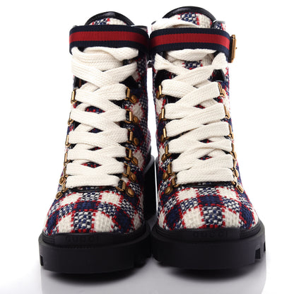 Gucci Vintage Tweed Check Lace Up Combat Ankle Boots 36.5 White Hibiscus Red Marine 5 of 11