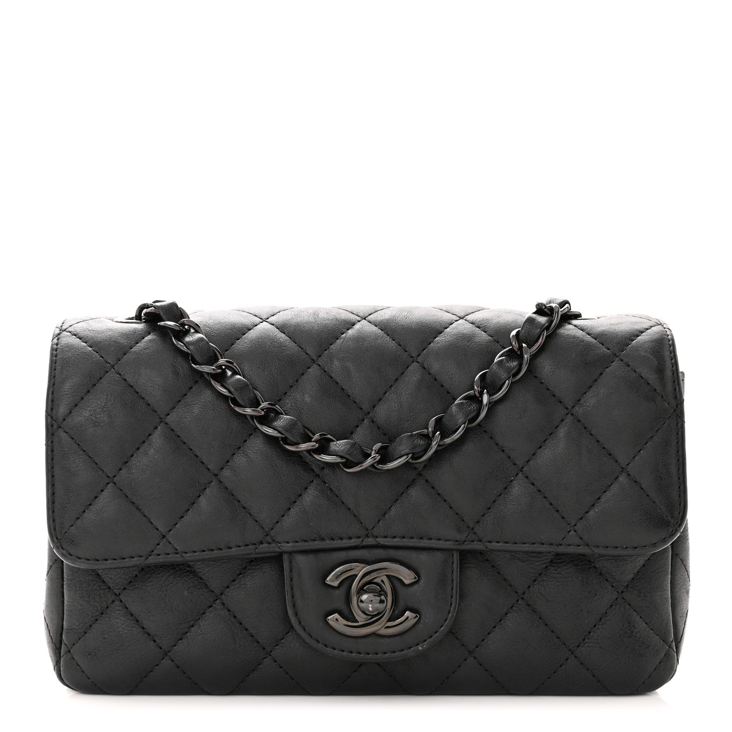 Crumpled Calfskin Quilted Mini Rectangular Flap So Black