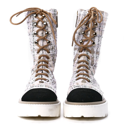 Chanel Tweed Grosgrain Cap Toe Lace Up Combat Boots 37 Multicolor 2 of 8
