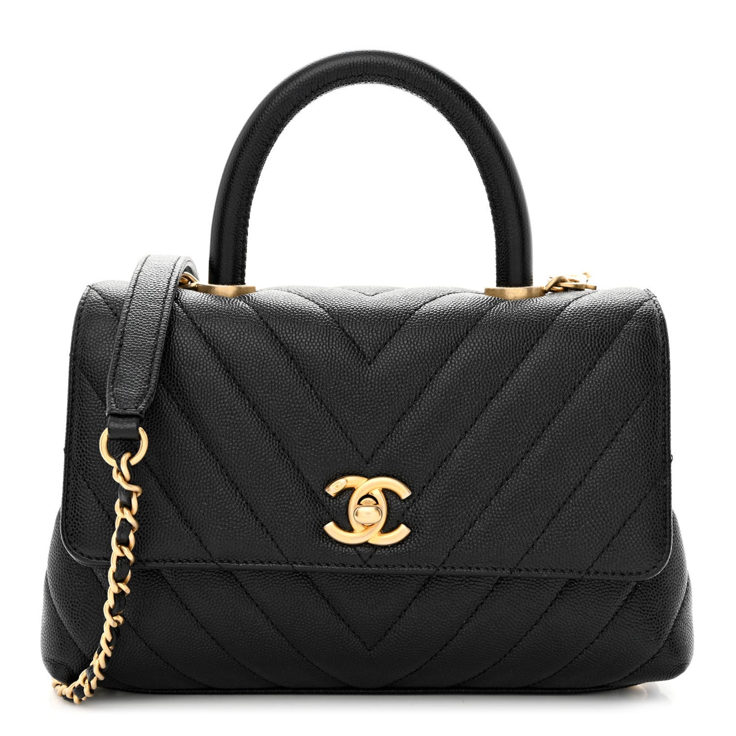 Caviar Chevron Quilted Mini Coco Handle Flap Black
