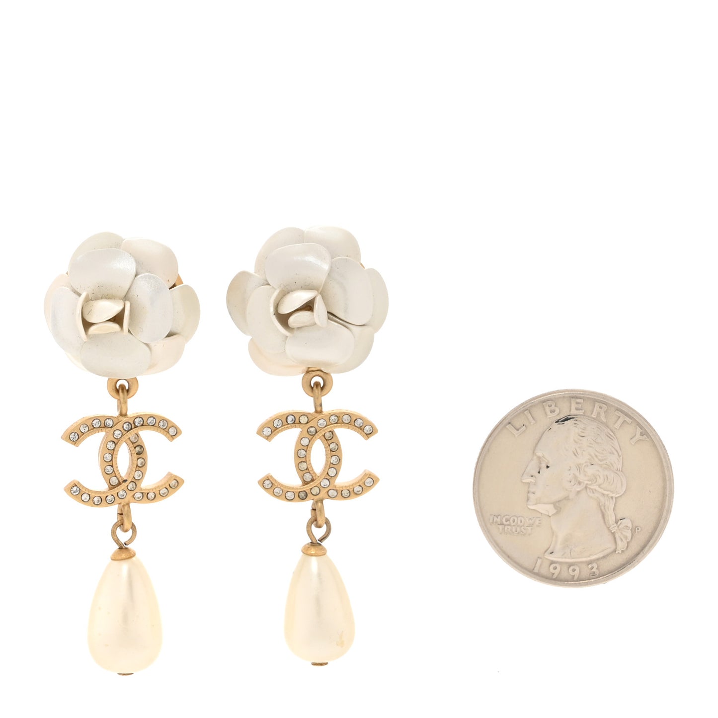 Metal Crystal Pearl 90s Camellia CC Drop Earrings Gold