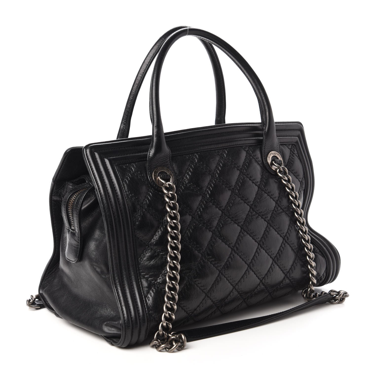 Chanel Calfskin Quilted Double Stitch Large Boy Tote Black 3 of 9