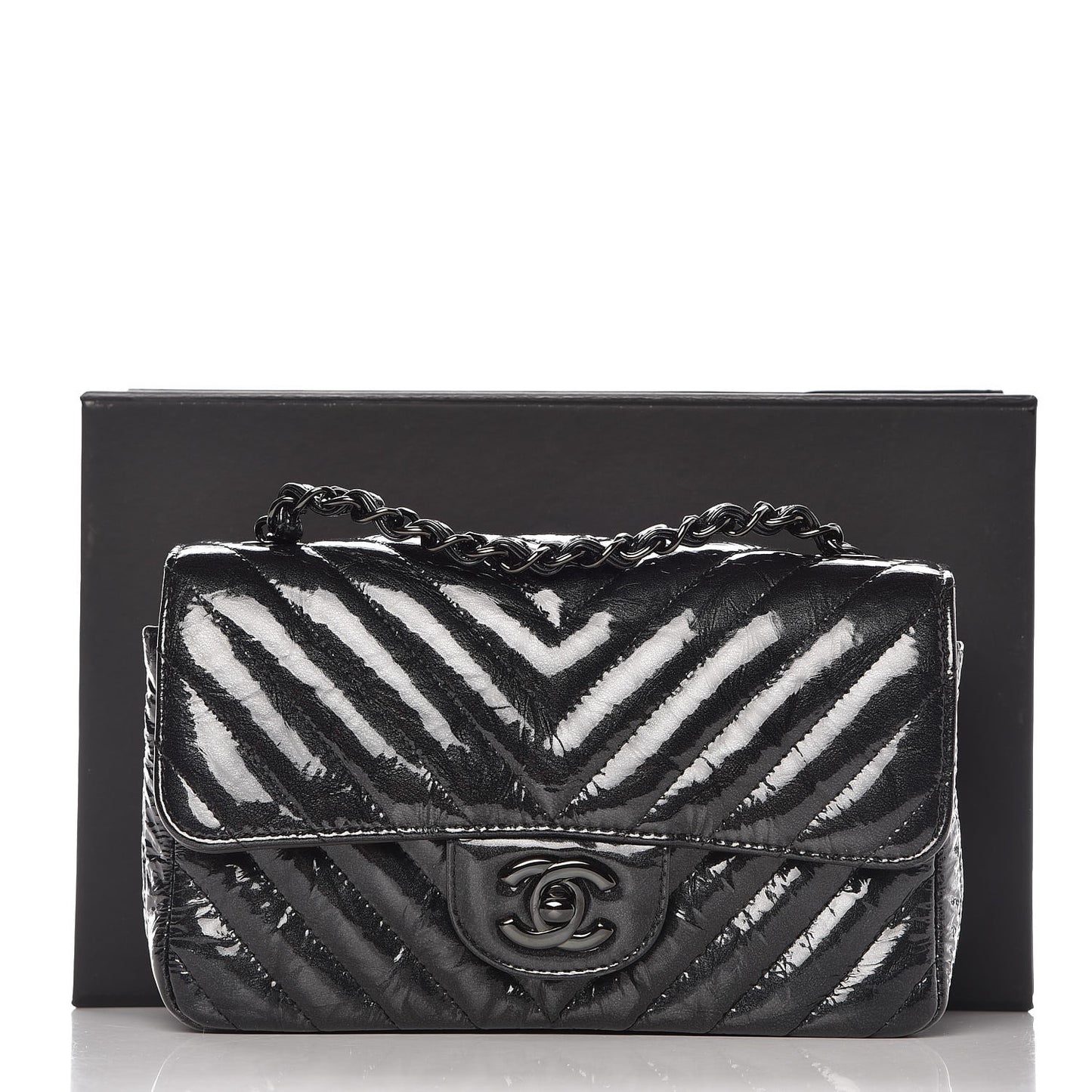 Patent Metallic Crumpled Calfskin Chevron Quilted Mini Rectangular Flap So Black