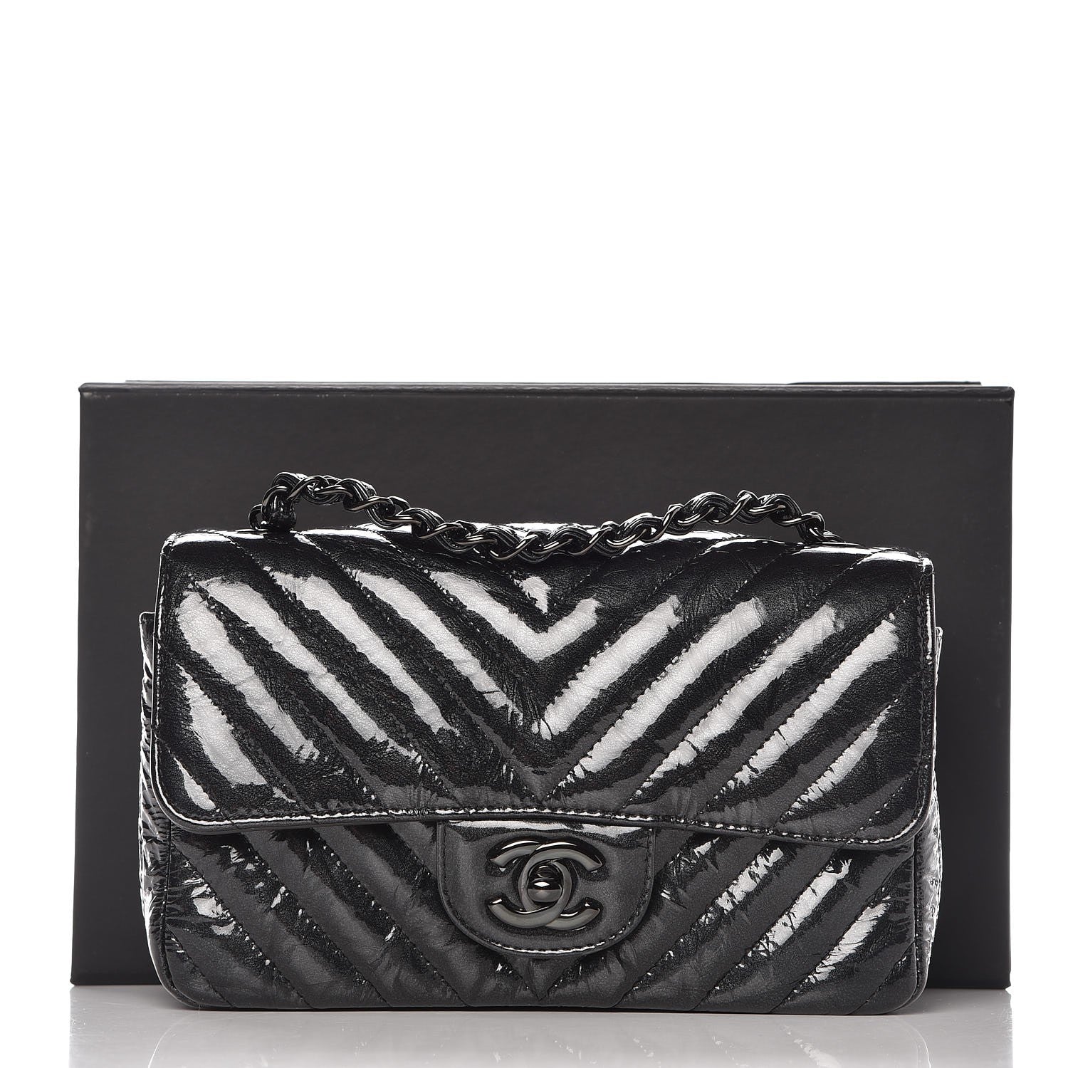 Chanel Patent Metallic Crumpled Calfskin Chevron Quilted Mini Rectangular Flap So Black 11 of 11