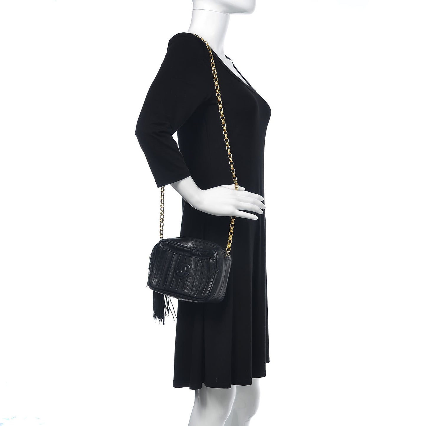 Lambskin Vertical Quilted Tassel Camera Case Black