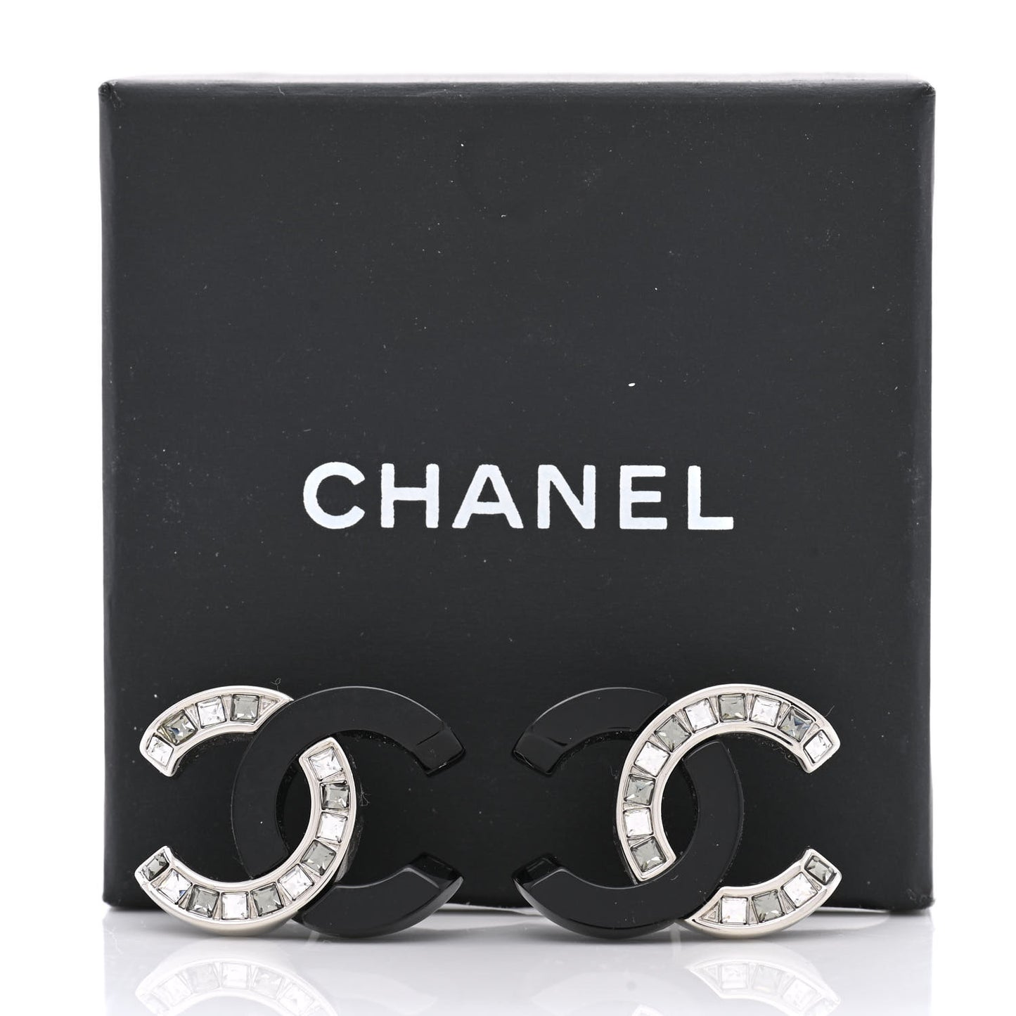 Resin Crystal Baguette CC Earrings Silver Black