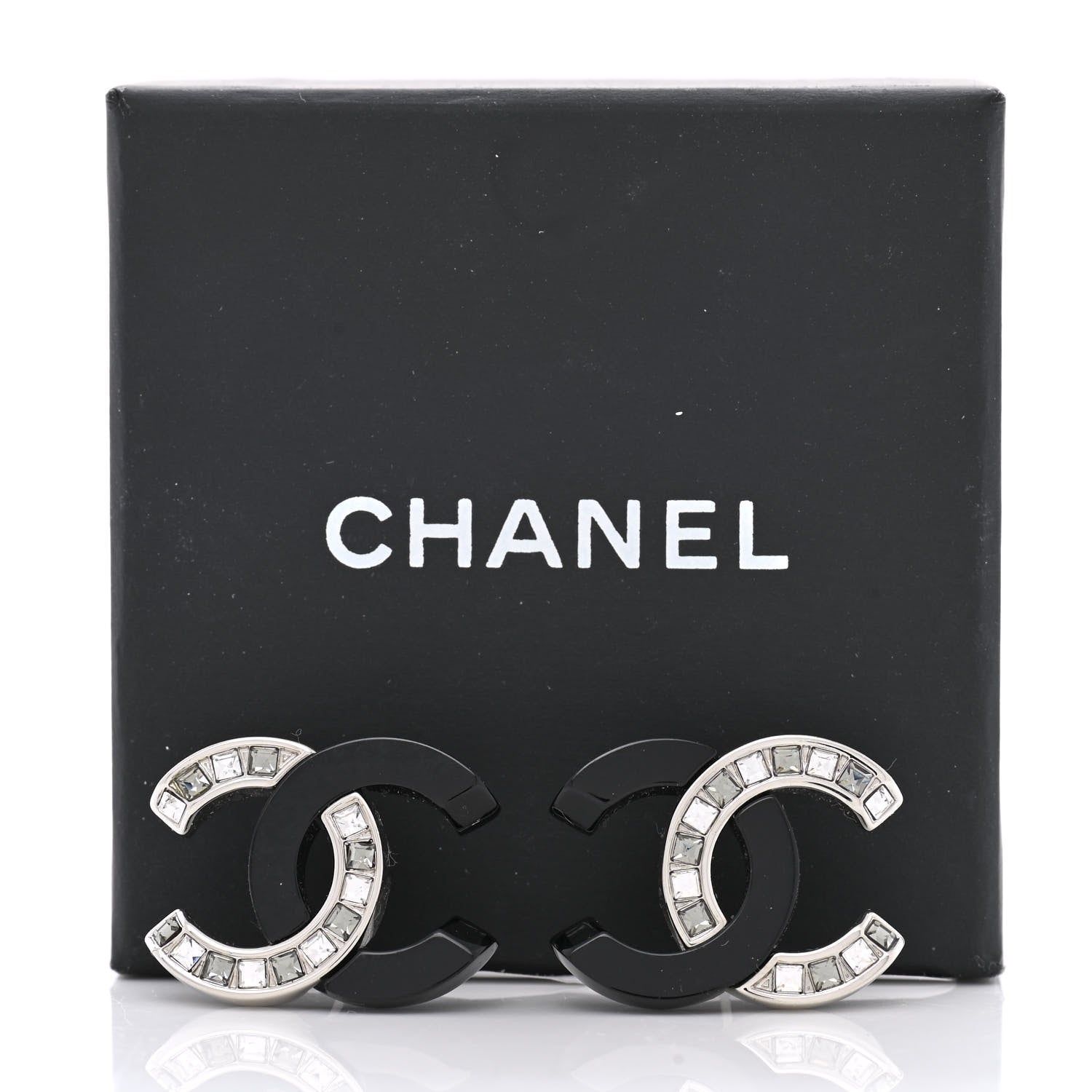 Chanel Resin Crystal Baguette CC Earrings Silver Black 5 of 5
