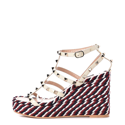 Valentino Garavani Patent Rockstud Ankle Strap Torchon Espadrille Caged 25/95mm Wedge Sandals 38 Light Ivory 1 of 9