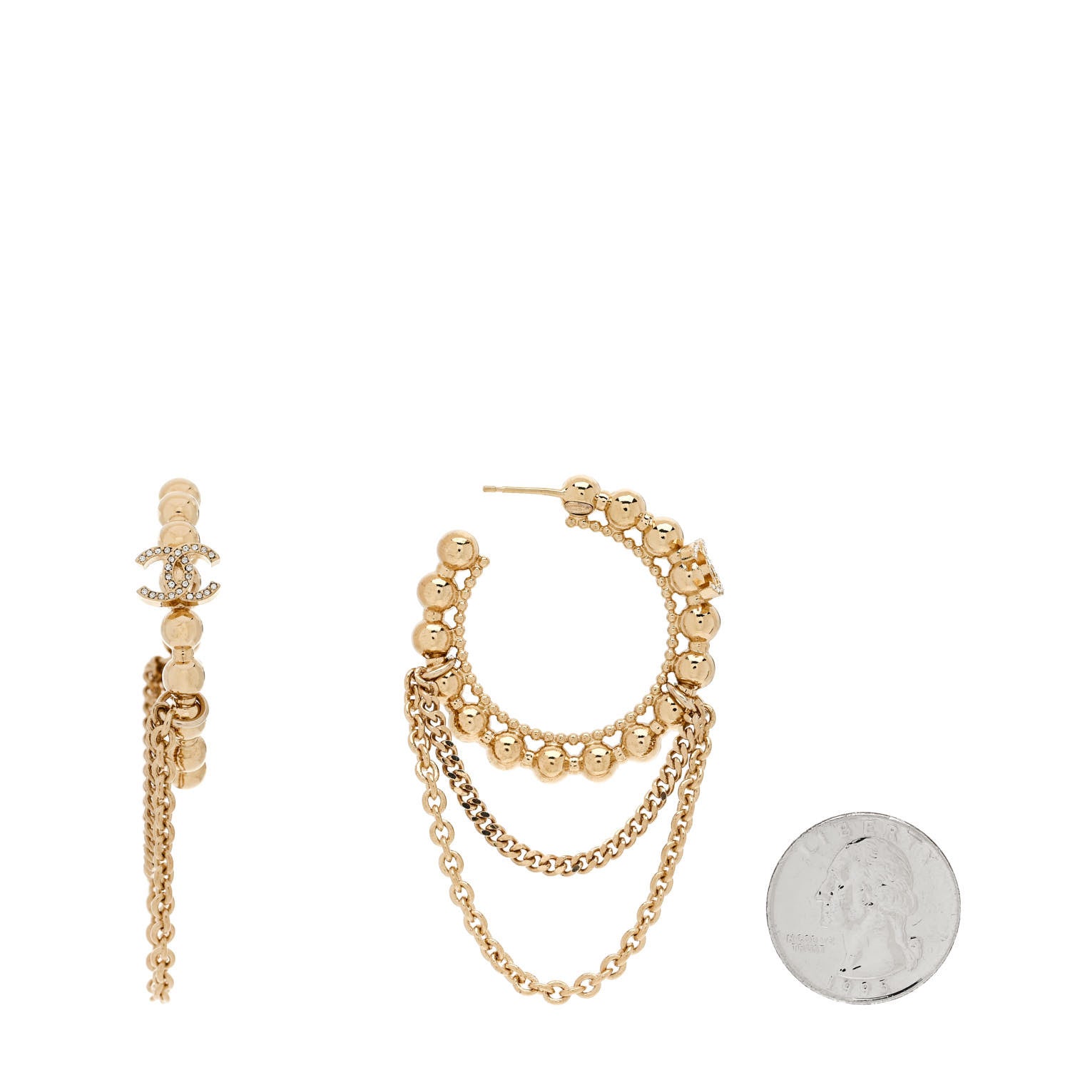Chanel Metal Crystal Bead Chain CC Hoop Earrings Gold 2 of 4