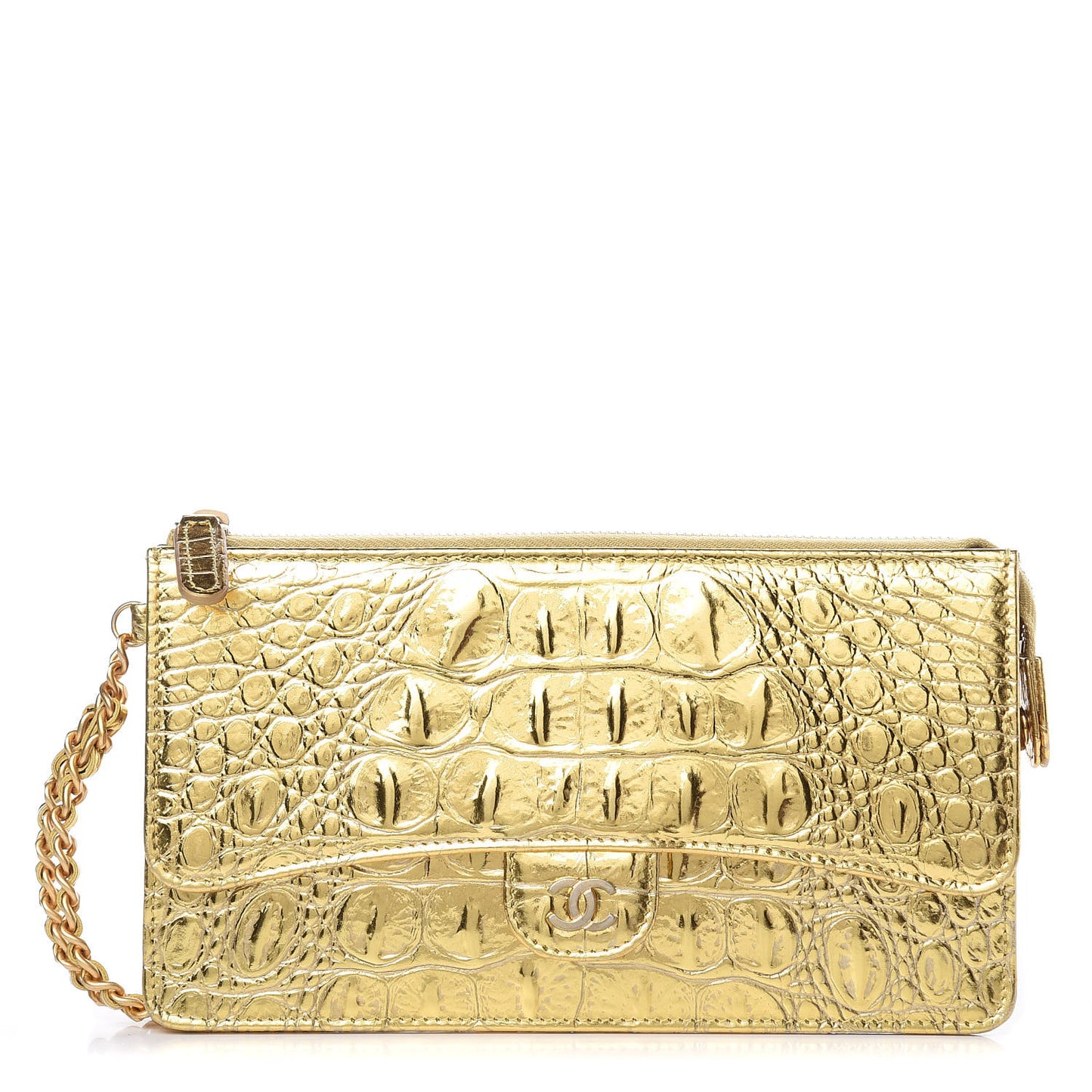 Calfskin Crocodile Embossed Cocodile Pouch With Chain Handle Gold
