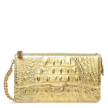 Chanel Calfskin Crocodile Embossed Cocodile Pouch With Chain Handle Gold 1 of 7