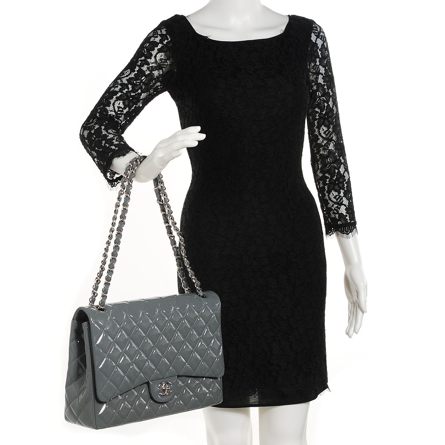 Patent Quilted Maxi Single Flap Grey